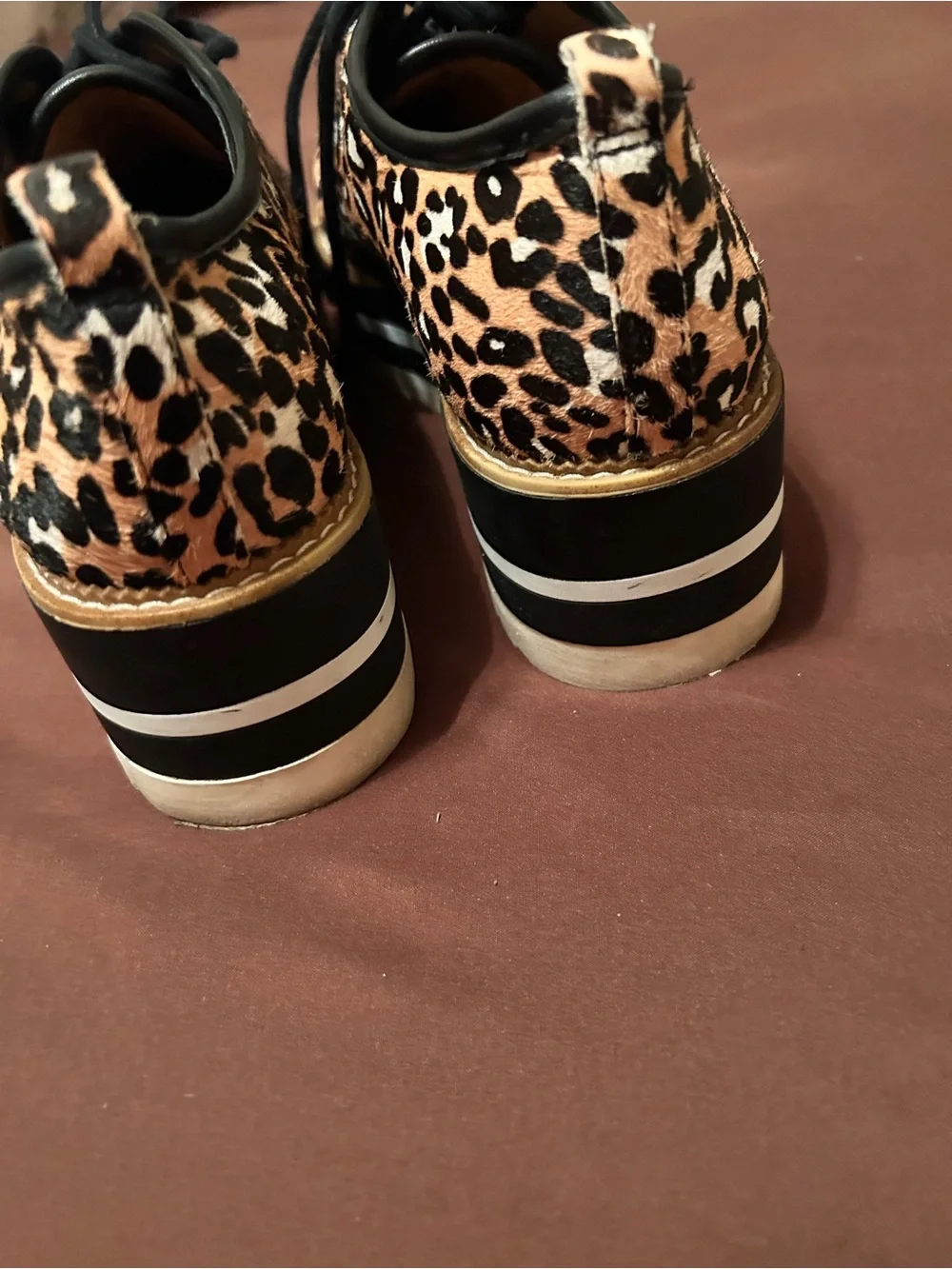 Giani Bini calf-hair leopard print, black/white stacked sole sz9 slaede oxford
